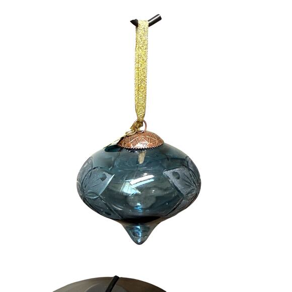 Seasons of Cannon Falls Glass Christmas Ornament Blue Teardrop Flower Etch Bulb - Picture 2 of 6